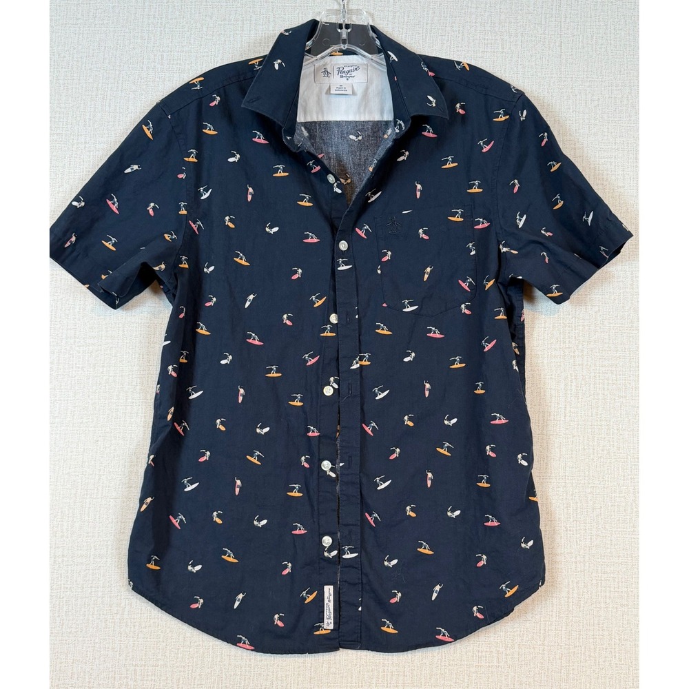 Original Penguin Men Navy Blue Surfer AOP Short Sleeve Button Down Shirt M Retro